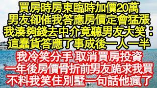 買房時房東臨時加價20萬，男友卻催我答應房價定會猛漲，我湊夠錢去中介竟聽男友大笑：這蠢貨答應了事成後一人一半，我冷笑分手 取消買房投資，一年後房價骨折前男友跪求我買真情故事會||老年故事||情感需求