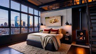 Cozy Modern Loft Bedroom With City View, Warm Lighting, Fireplace, And Snowy For Relaxation