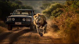 Lion Grabs Onto a Moving Car Like Its a Hollywood Action Star