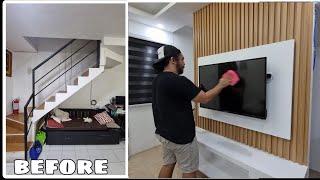 Modern Living Room Transformation! How to build TV console with LED Backwall and Wood slat