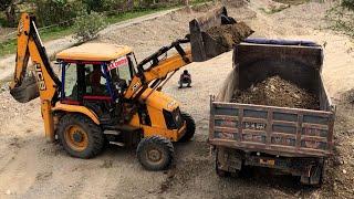 JCB Backhoe 3DX Struggle Loading Sand & Gravel On Near River New