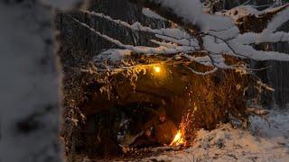 Survival Challenge in a Snowstorm:Sheltering Under a Fallen Tree at -21°C Without a Sleeping Bag