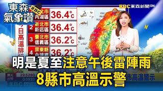 【東森氣象讚】明天是夏至「注意午後雷陣雨」！8縣市高溫示警／中和工業區「積淹水」馬路變淺河／高雄大社暴雨冰雹、左營出太陽