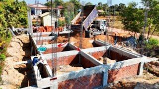 Nicely Opening New PROJECT Construction Concrete Foundation House Fill Up by Dump Truck & Bulldozer