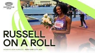 Olympic champion Masai Russell blazes to 60m hurdles world lead   | World Indoor Tour 2025