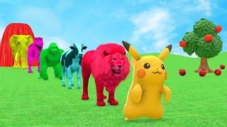 Paint Animals Pikachu,Tiger,Lion,Buffalo,Gorilla,Elephant,Dinosaur Fountain Crossing Animal Game