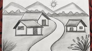 Beautiful scenery drawing with pencil | house drawing | natural drawing | scenery drawing