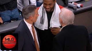 Kawhi Leonard & Gregg Popovich have fun after game ending between Spurs vs Raptors