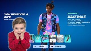 Gifting My 11 Year Old Kid NEW Fortnite Skin Unlocking JUICE WRLD item Shop Skin Bundle Today