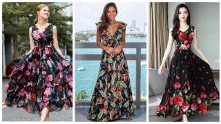 Bright Floral printed in chiffon black dress  ideas for stitching