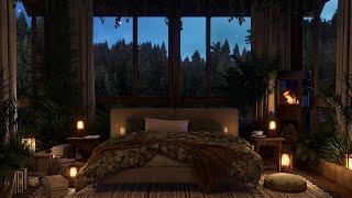 Rainy Night Ambience – Cozy Room Ambience for Sleep | Gentle Rain, Crackling Fireplace & Forest View