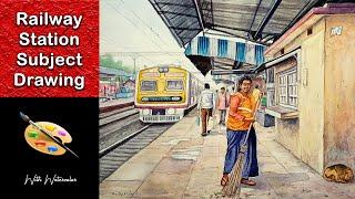 | Railway Station Drawing | Railway Station Drawing With Watercolor | How To Draw Railway Station |