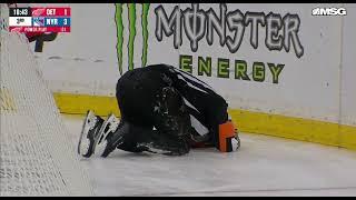 Referee Michael Markovic Gets Hit By Puck From Braden Schneider