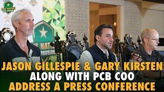 Jason Gillespie and Gary Kirsten along with PCB COO address a press conference in Lahore