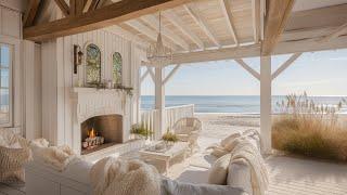 Cozy Coastal Porch Ambiance | Crackling Fireplace & Ocean Waves Sounds for Relax, Study