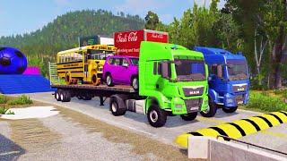 Double Flatbed Trailer Truck vs Speedbumps Train vs Cars Beamng.Drive #63 With Reverse