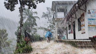 Walk during heavy rain and thunderstorms in a beautiful village, rainstorm 3 hours, rain to sleeping