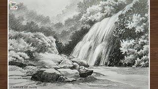 How to draw waterfalls in a scenery art || Pencil Sketching and Shading