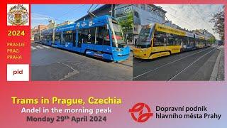 Prague, Czechia: Andel trams in the morning peak on Monday 29th April 2024