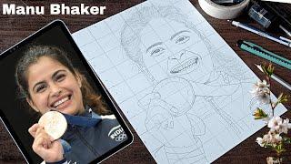 Manu Bhaker drawing, How to draw, Olympic, Grid method drawing tutorial, The Artist 