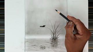 Pencil drawing landscape of bird on the plant in pond.