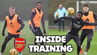 Oleksandr Zinchenko ,  Sebastian Ferdinand and Myles Lewis-Skelly in Arsenal training today