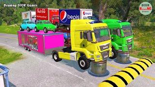 Double Flatbed Trailer Truck vs speed bumps|Busses vs speed bumps|Beamng Drive|948