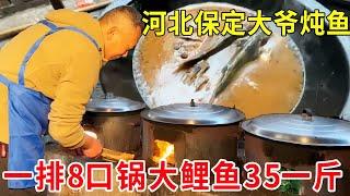 河北保定大爷白洋淀边炖鱼，一排8口锅大鲤鱼35一斤，铁锅炖真的太香了【麦总去哪吃】