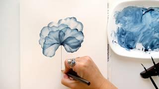 How to Paint Transparent Watercolor Flower: blue layered silk flower tutorial