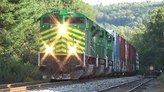 Three SD70M-2s Lead a Big Stack Train NBSR 121 Climbing the Hill at Wirral, NB