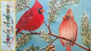 How to Paint a Cardinal Acrylic Painting Tutorial | Live Full Length Free Lesson | Angelooney