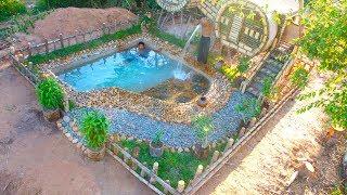 Build Beautiful Swimming Pool And Two House Using Wooden Brick And bamboo