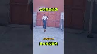 公鸡背后偷袭，美女反应真快！#搞笑视频 #搞笑配音