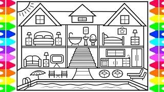 How to Draw a House with a Swimming Pool ️House with a Pool Drawing and Coloring Page