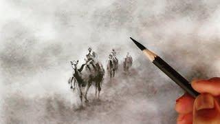 Camel riding landscape scenery by pencil in a very easy way. drawing of beginners.