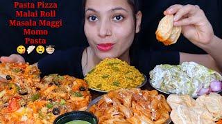 Eating Cheesy Pasta Pizza, Malai Chaap Roll, Tomato Pasta, Chilli Masala Maggi, Paneer Momo