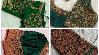 new aari work Green colour blouse designs/dark green,parrot green,peacock green maggam work blouses