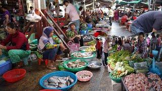 Cambodian Early Morning Vegetable Market - Daily Lifestyle & Activities Of Vendors Selling Food