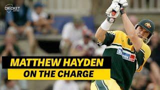 Take that! Matthew Hayden advancing at pace bowlers