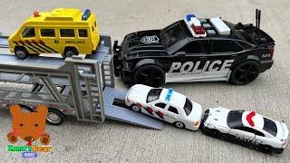 Car Carrier Takes Police Car, Ambulance to a Playground Slide! Let's Play Outside with Toy Cars!