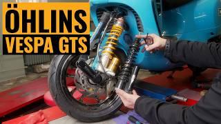 Öhlins shock absorber assembly on the Vespa GTS 300