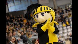 Vestus, Maskottchen des HSC 2000 Coburg, sorgt in der Huk-Arena für gute Stimmung.