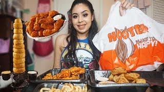 HOOTERS HOT WINGS + ONION RING TOWER MUKBANG! WATCH ME EAT • EATING SHOW (EAT WITH ME)