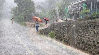 Walk in Super Heavy Rain and Thunderstorms in Rural Life | Strong Wind Storm Hits Rural Indonesia