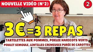  Défi n°2 : 3€ = 3 repas  |  Tartelettes aux pommes,  poêlée gourmande &  lentilles crémeuses !