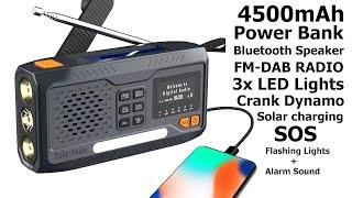 Emergency Weather Radio with Bluetooth,Solar,Crank Dynamo, 3X LED Flashlight/SOS,4500mah Power Bank