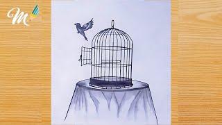 how to draw a bird got freedom from cage || birds freedom drawing || flying bird free from cage