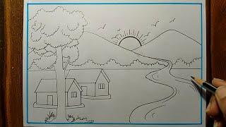 Easy Village Scenery Drawing| Hillside drawing,sun, stream,tree,bird drawing | Pencil drawing