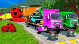 TRANSPORTING PIXAR CARS & FRUITS WITH COLORED & JOHN DEERE vs CLAAS vs TRACTORS - BeamNG.drive #962