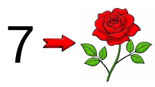 How to draw rose from number 7 with colour | Rose Drawing Step By Step | 7 number drawing